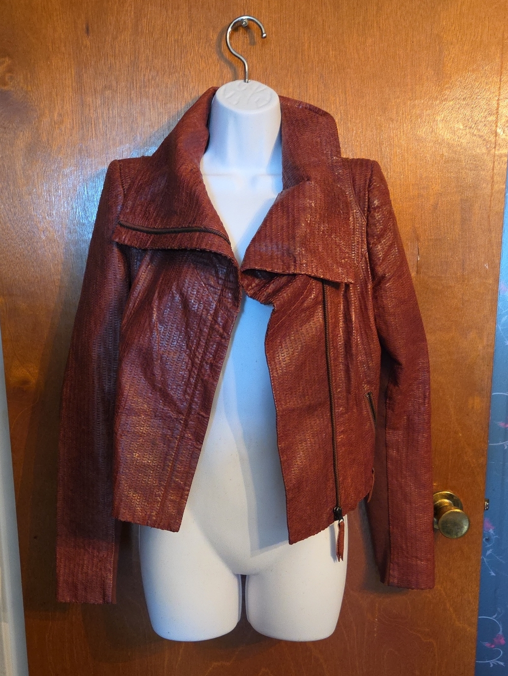 Vero Moda Rust-Brown Textured Faux-Leather Moto Jacket